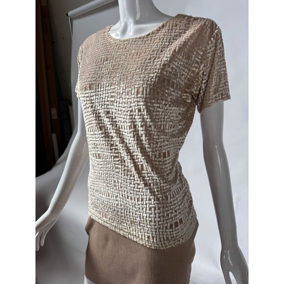 Barami Womens M Short-Sleeve Textured Top Beige Cream Woven Pattern Rayon/Polyes - Picture 13 of 15